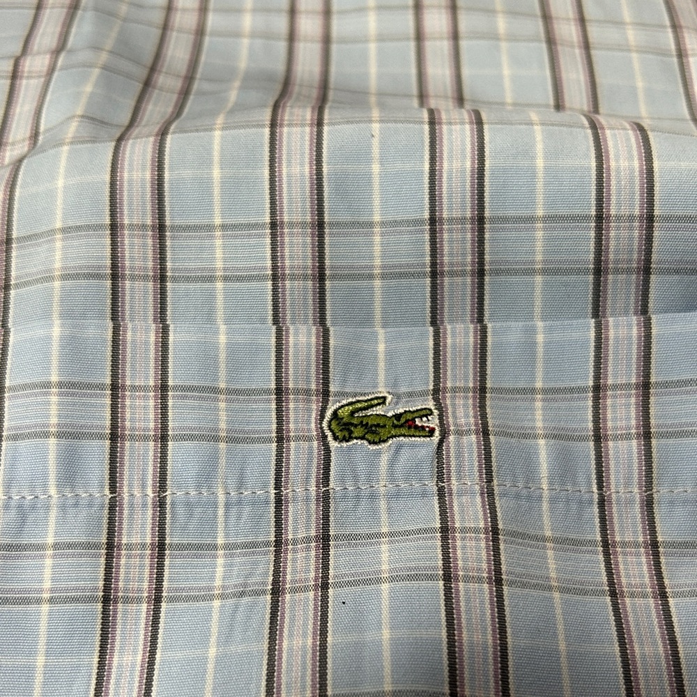 Lacoste Men's Blue and White Plaid Button-Down Shirt- Alligator Logo Size 40